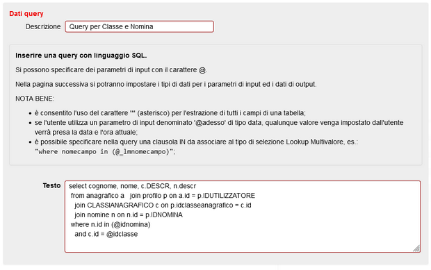 esempioQueryClasseNomina
